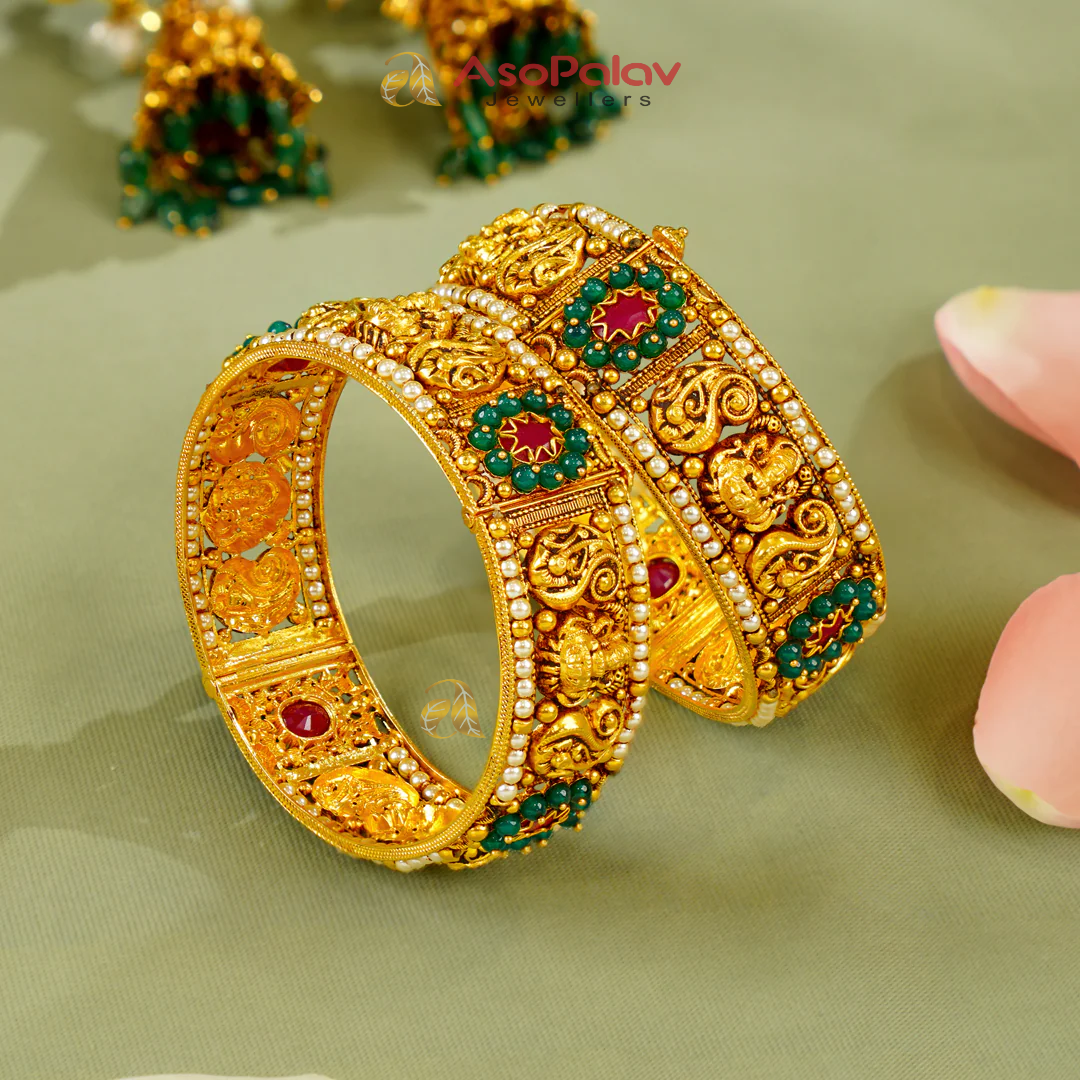 22K Gold Bridal Bangles with Ruby Emerald & Pearl Elegance